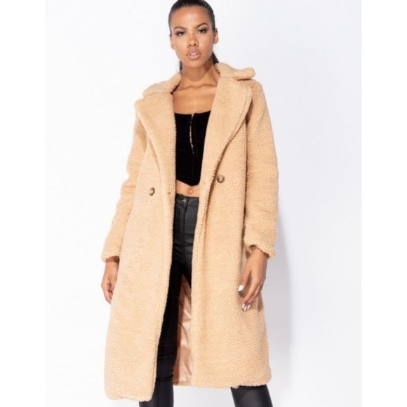 Jackets & Blazers - Camel Long Sleeve Loose Fit Double Breasted Long Maxi Teddy Bear Fur Coat